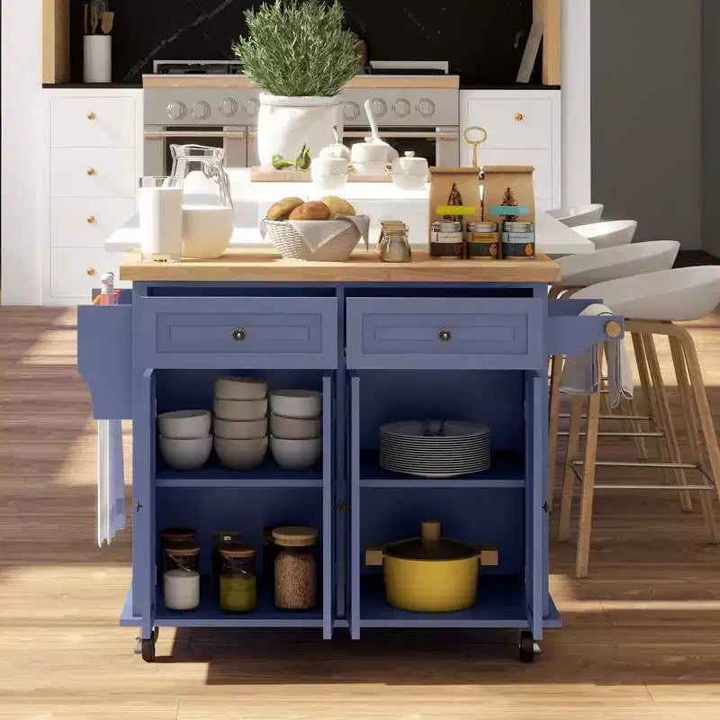 Isola da Cucina su Ruote con Piano in Legno di Caucciù, Porta Spezie, Porta Asciugamani e Cassetti