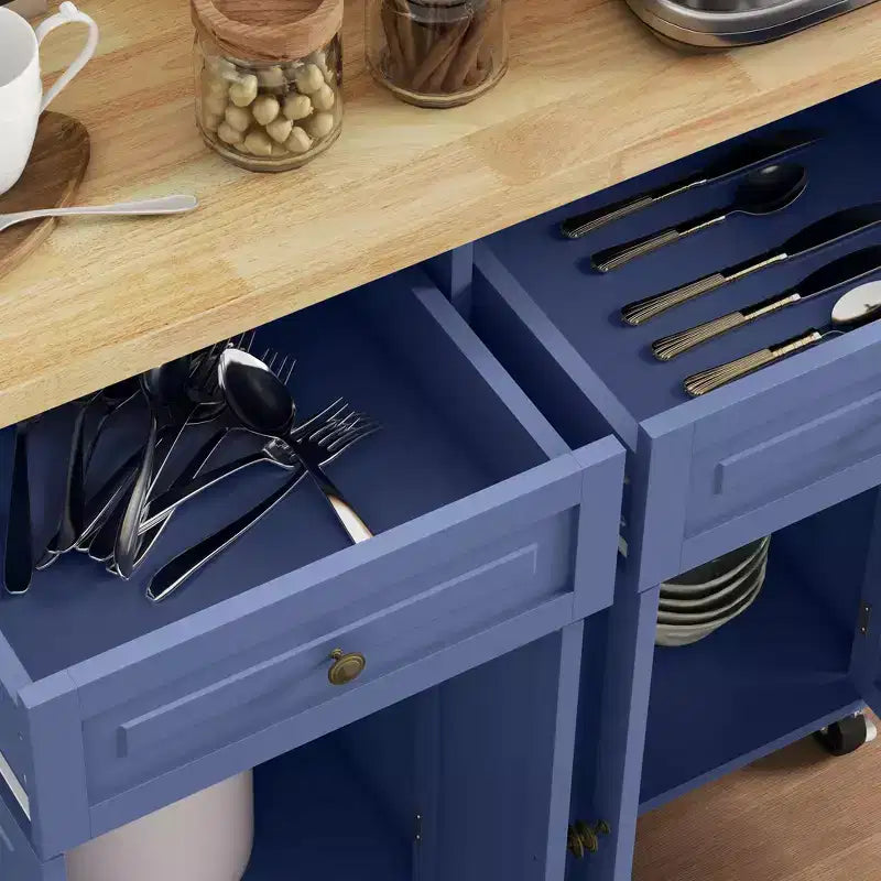 Isola da Cucina su Ruote con Piano in Legno di Caucciù, Porta Spezie, Porta Asciugamani e Cassetti