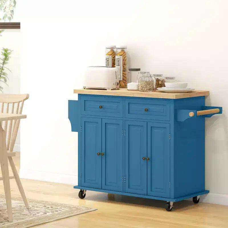 Isola da Cucina su Ruote con Piano in Legno di Caucciù, Porta Spezie, Porta Asciugamani e Cassetti