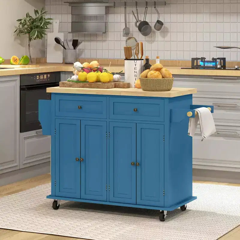 Isola da Cucina su Ruote con Piano in Legno di Caucciù, Porta Spezie, Porta Asciugamani e Cassetti