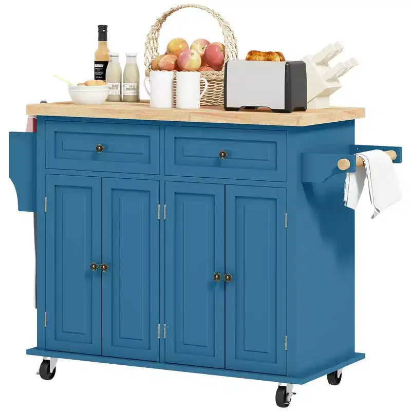 Isola da Cucina su Ruote con Piano in Legno di Caucciù, Porta Spezie, Porta Asciugamani e Cassetti