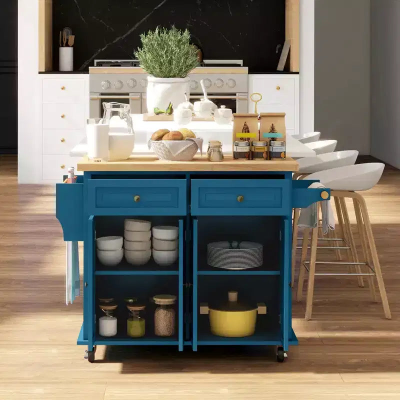 Isola da Cucina su Ruote con Piano in Legno di Caucciù, Porta Spezie, Porta Asciugamani e Cassetti