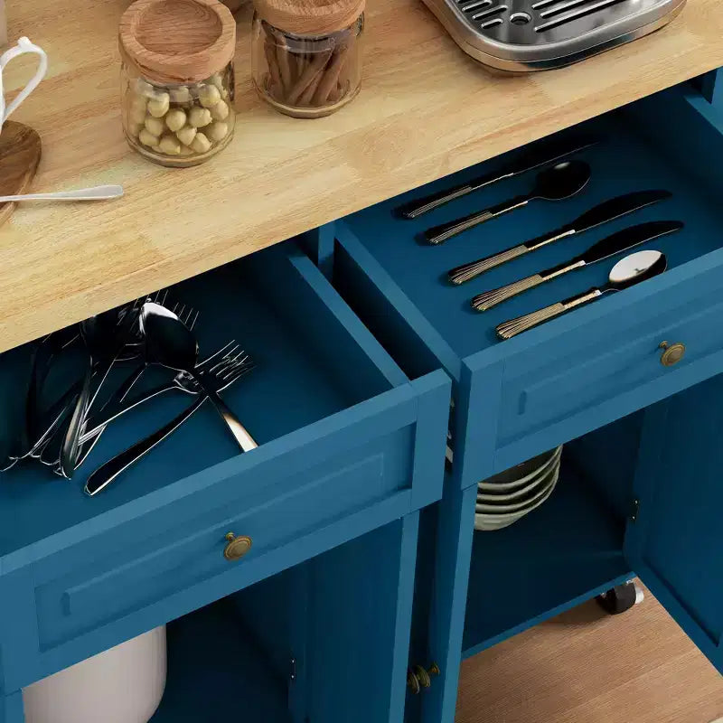 Isola da Cucina su Ruote con Piano in Legno di Caucciù, Porta Spezie, Porta Asciugamani e Cassetti