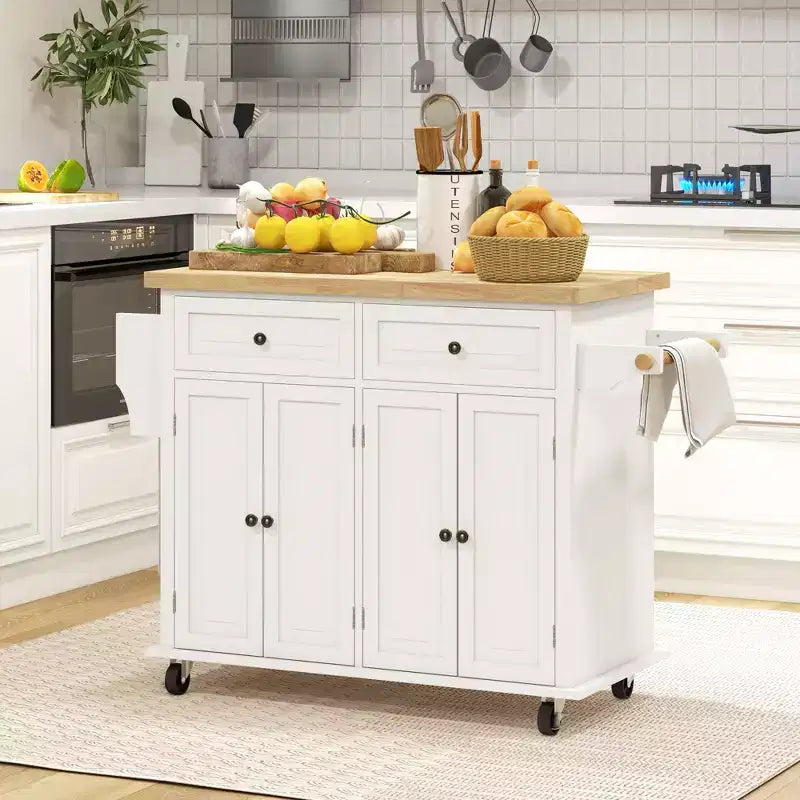 Isola da Cucina su Ruote con Piano in Legno di Caucciù, Porta Spezie, Porta Asciugamani e Cassetti