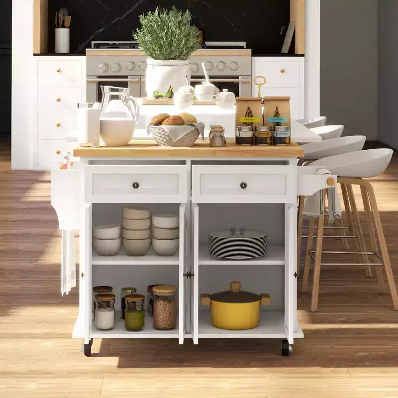 Isola da Cucina su Ruote con Piano in Legno di Caucciù, Porta Spezie, Porta Asciugamani e Cassetti
