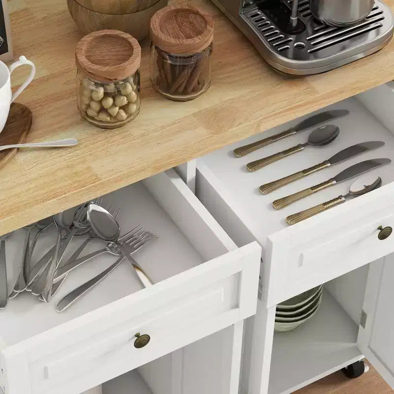 Isola da Cucina su Ruote con Piano in Legno di Caucciù, Porta Spezie, Porta Asciugamani e Cassetti