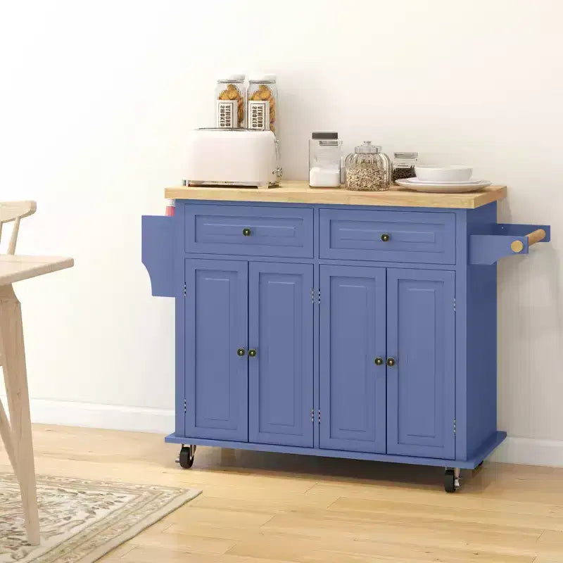Isola da Cucina su Ruote con Piano in Legno di Caucciù, Porta Spezie, Porta Asciugamani e Cassetti