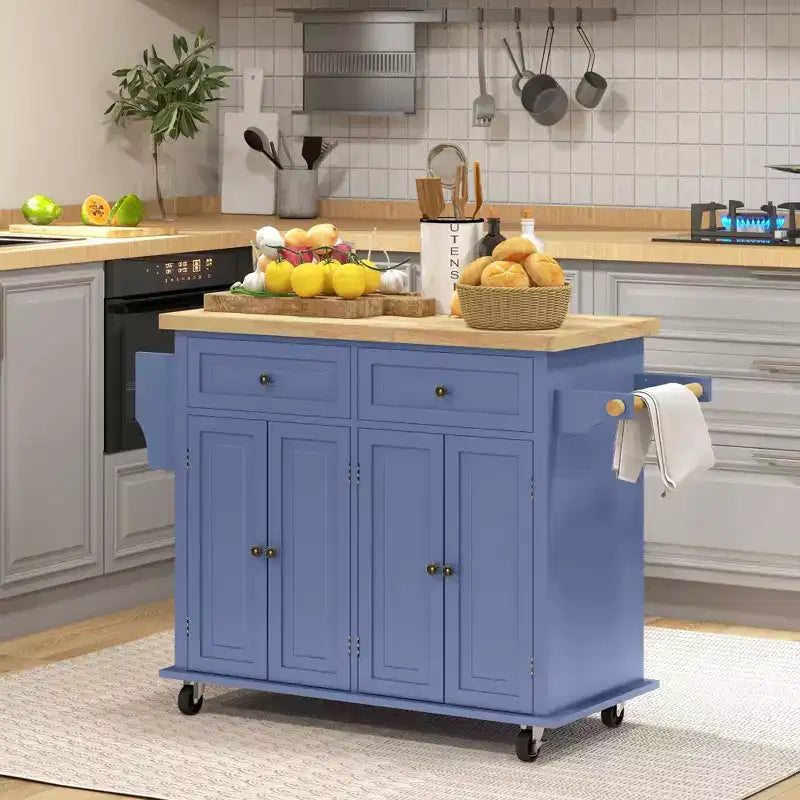 Isola da Cucina su Ruote con Piano in Legno di Caucciù, Porta Spezie, Porta Asciugamani e Cassetti