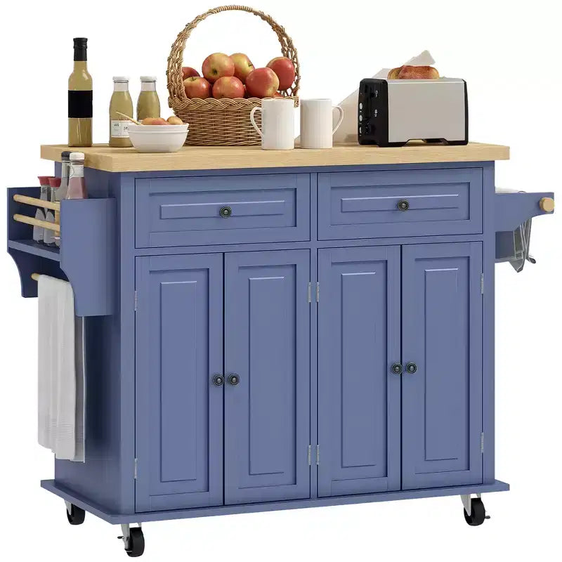 Isola da Cucina su Ruote con Piano in Legno di Caucciù, Porta Spezie, Porta Asciugamani e Cassetti