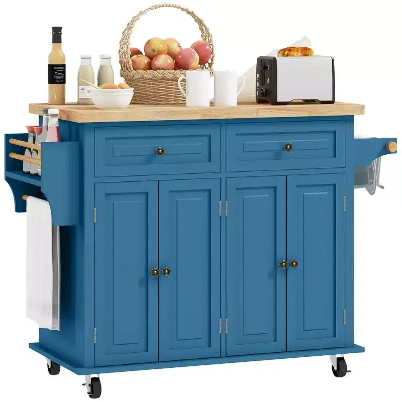 Isola da Cucina su Ruote con Piano in Legno di Caucciù, Porta Spezie, Porta Asciugamani e Cassetti