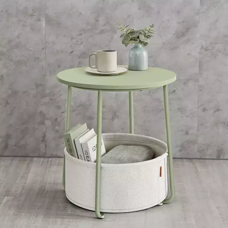 Tavolino Piccolo Rotondo con Cesto Contenitore - Verde Alloro e Bianco Crema