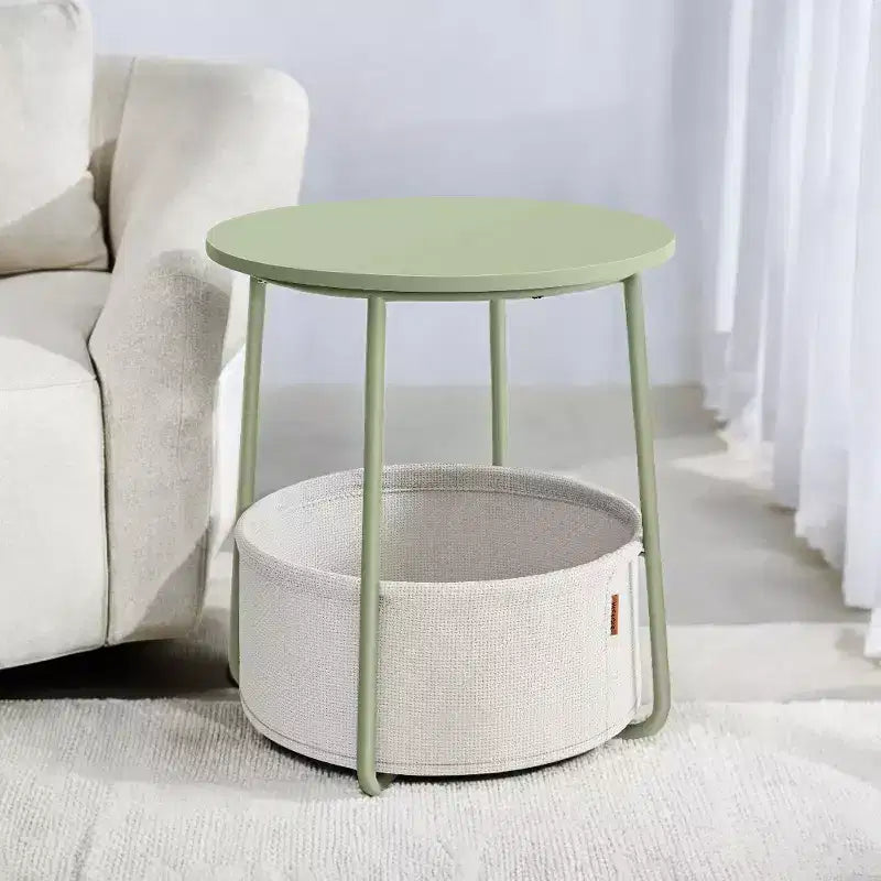 Tavolino Piccolo Rotondo con Cesto Contenitore - Verde Alloro e Bianco Crema