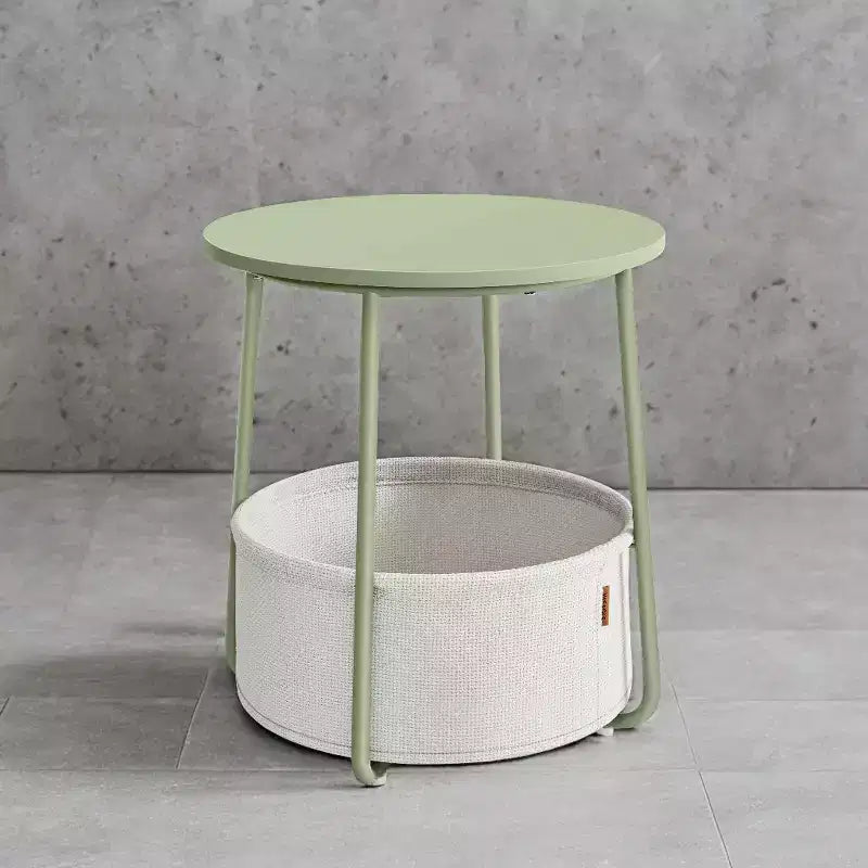Tavolino Piccolo Rotondo con Cesto Contenitore - Verde Alloro e Bianco Crema