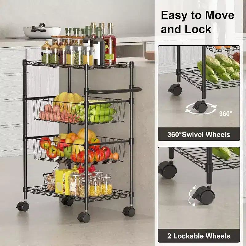 Carrello multiuso in filo metallico a 4 ripiani con ruote e maniglia, 50 kg, nero