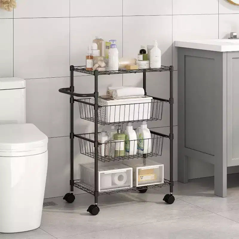 Carrello multiuso in filo metallico a 4 ripiani con ruote e maniglia, 50 kg, nero