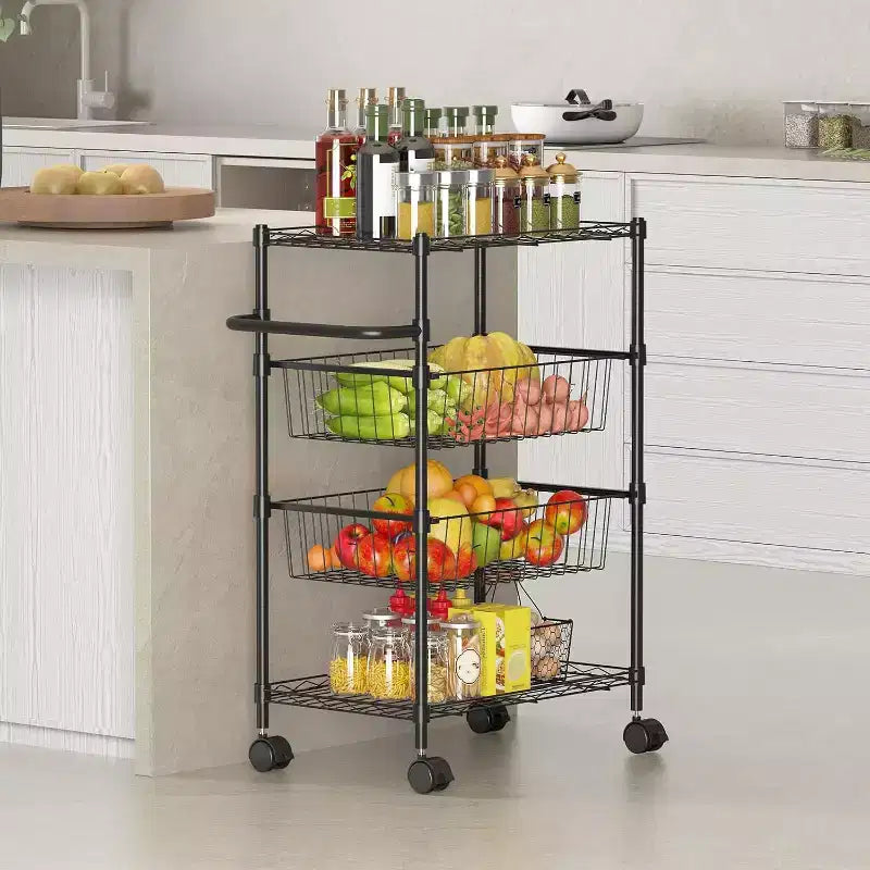 Carrello multiuso in filo metallico a 4 ripiani con ruote e maniglia, 50 kg, nero