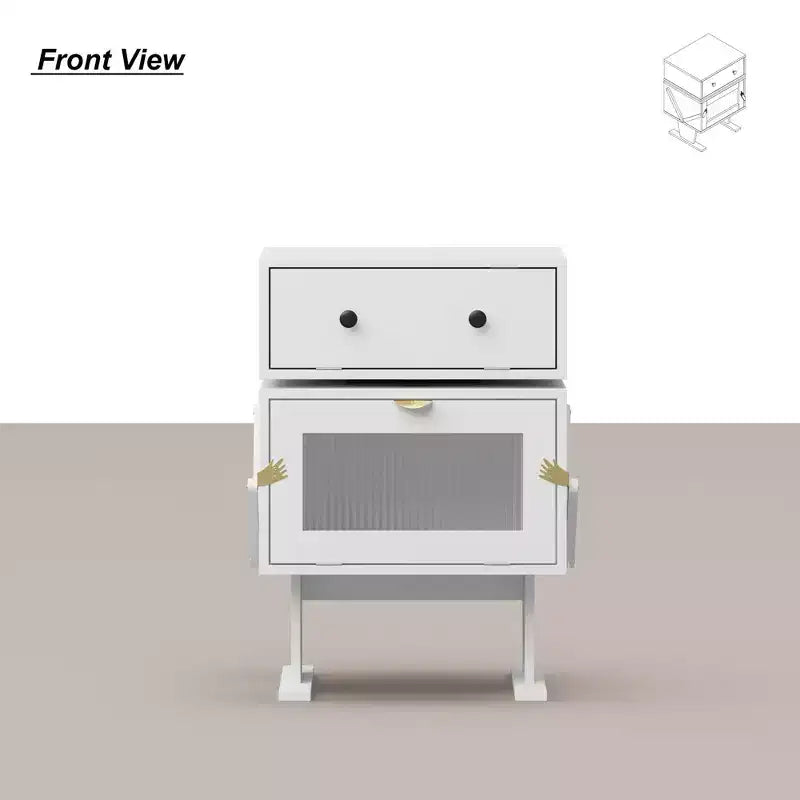 Comodino girevole a 360° con cassetto e vetrinetta