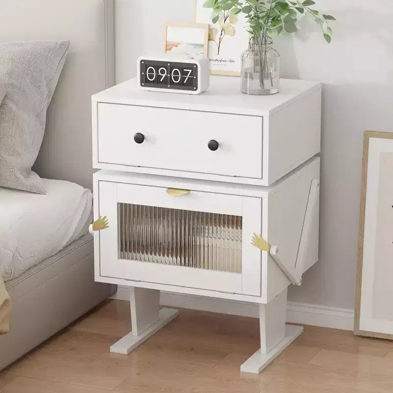 Comodino girevole a 360° con cassetto e vetrinetta