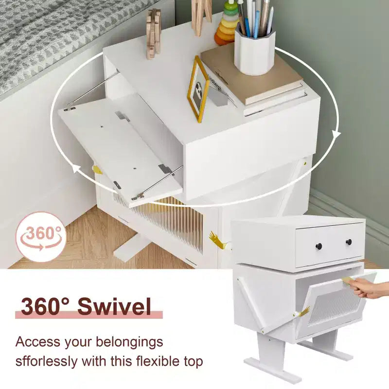 Comodino girevole a 360° con cassetto e vetrinetta