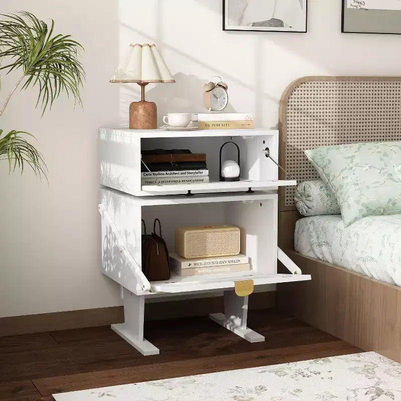 Comodino girevole a 360° con cassetto e vetrinetta