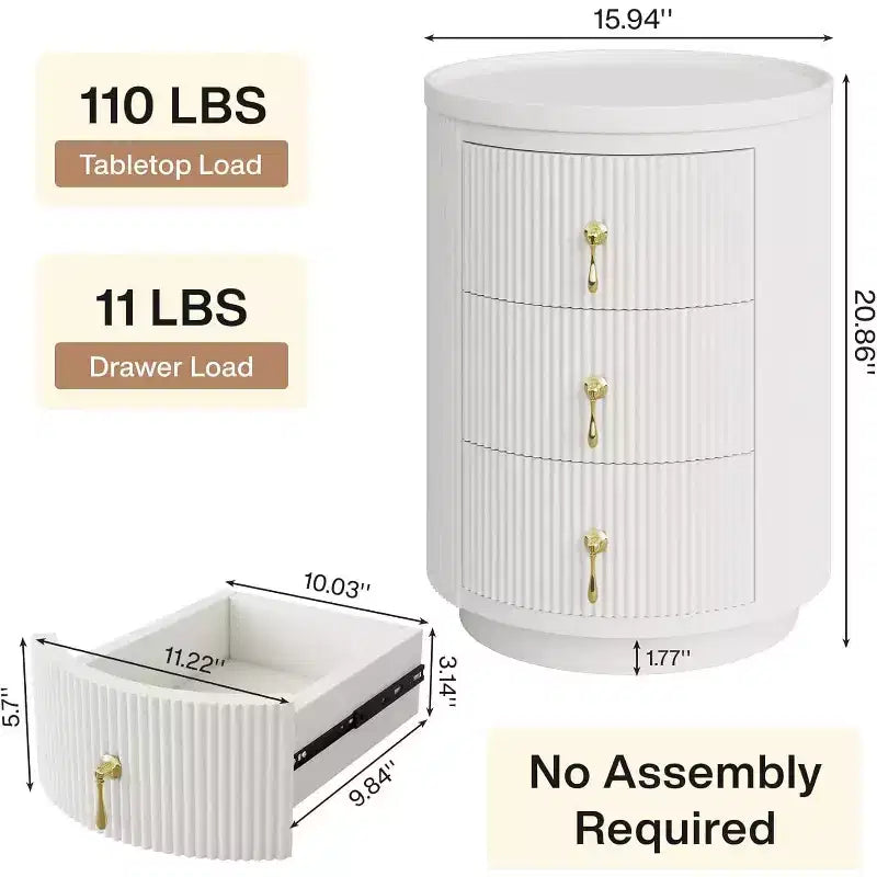 Comodino a 3 cassetti preassemblato, Bianco