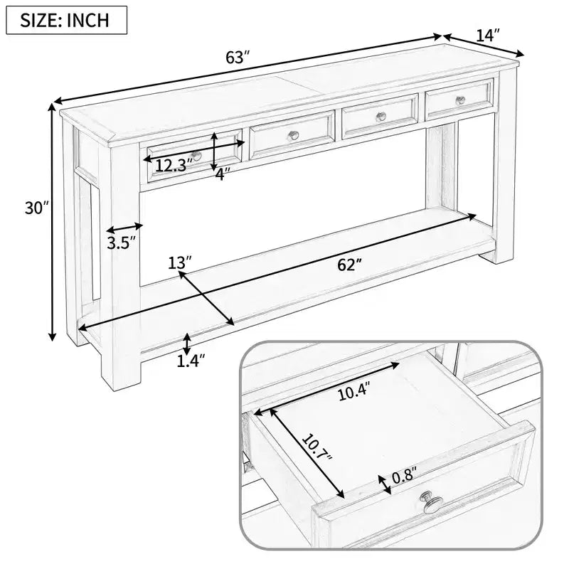 Consolle Rettangolare Rustica in Legno con 4 Cassetti e Ripiano Inferiore