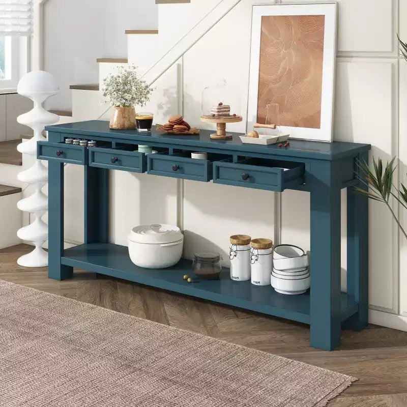 Consolle Rettangolare Rustica in Legno con 4 Cassetti e Ripiano Inferiore