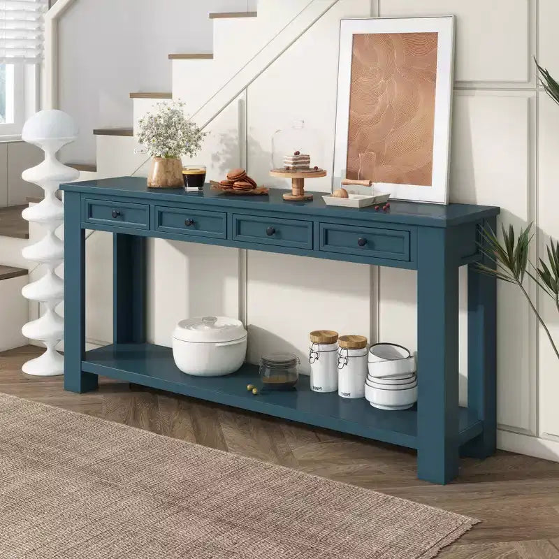 Consolle Rettangolare Rustica in Legno con 4 Cassetti e Ripiano Inferiore