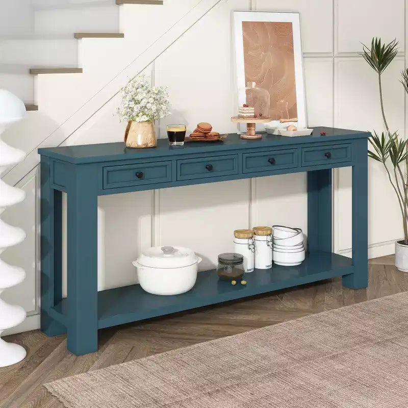 Consolle Rettangolare Rustica in Legno con 4 Cassetti e Ripiano Inferiore