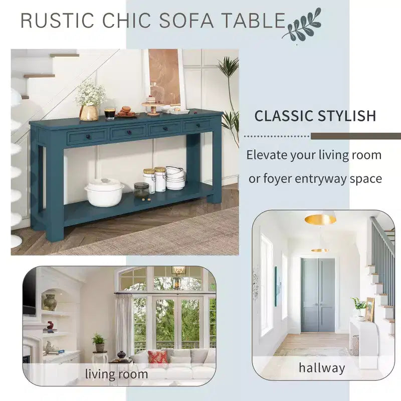 Consolle Rettangolare Rustica in Legno con 4 Cassetti e Ripiano Inferiore