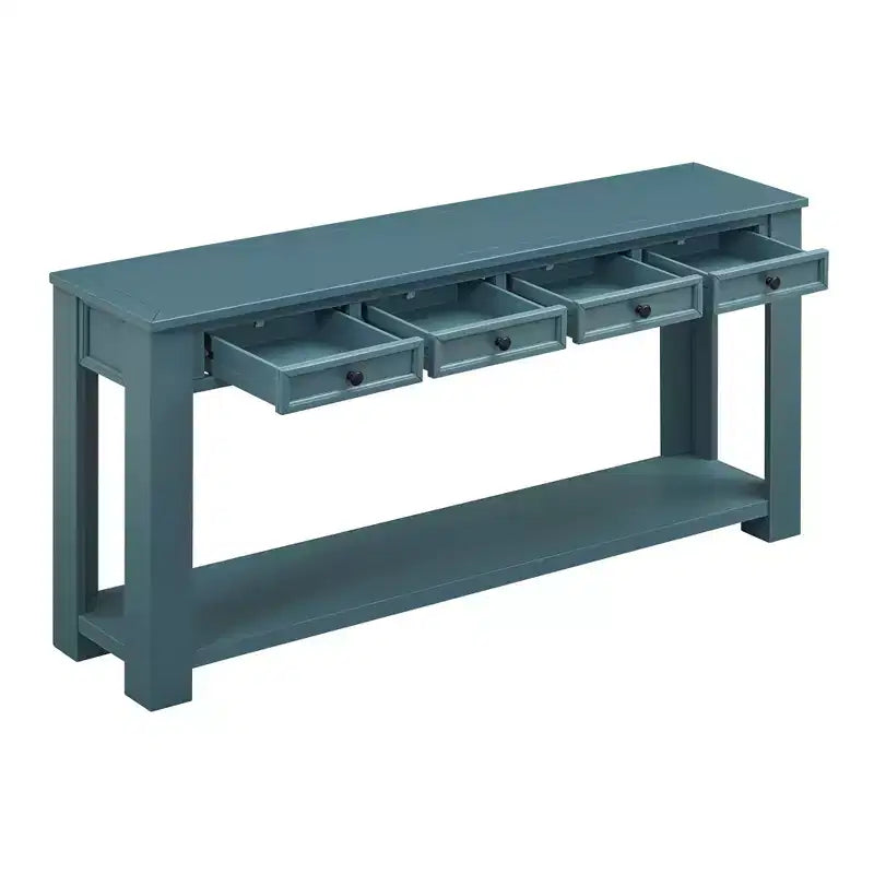 Consolle Rettangolare Rustica in Legno con 4 Cassetti e Ripiano Inferiore