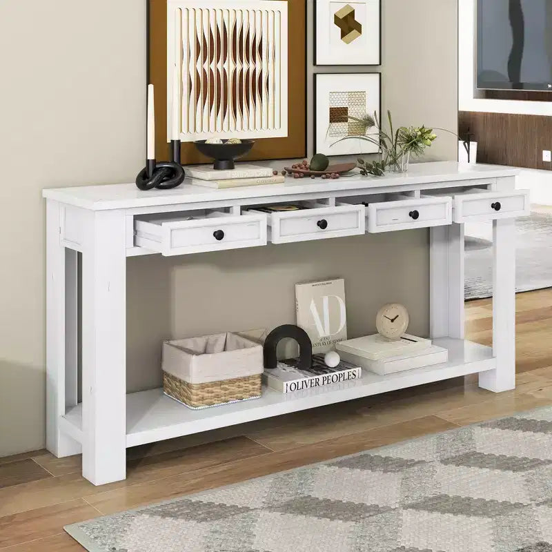 Consolle Rettangolare Rustica in Legno con 4 Cassetti e Ripiano Inferiore