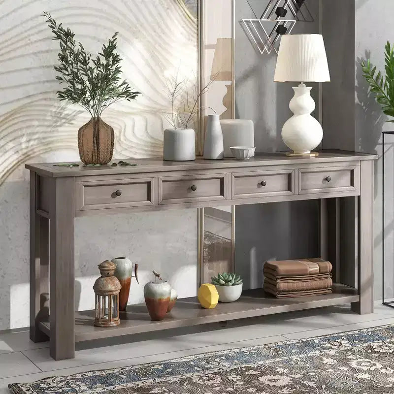 Consolle Rettangolare Rustica in Legno con 4 Cassetti e Ripiano Inferiore