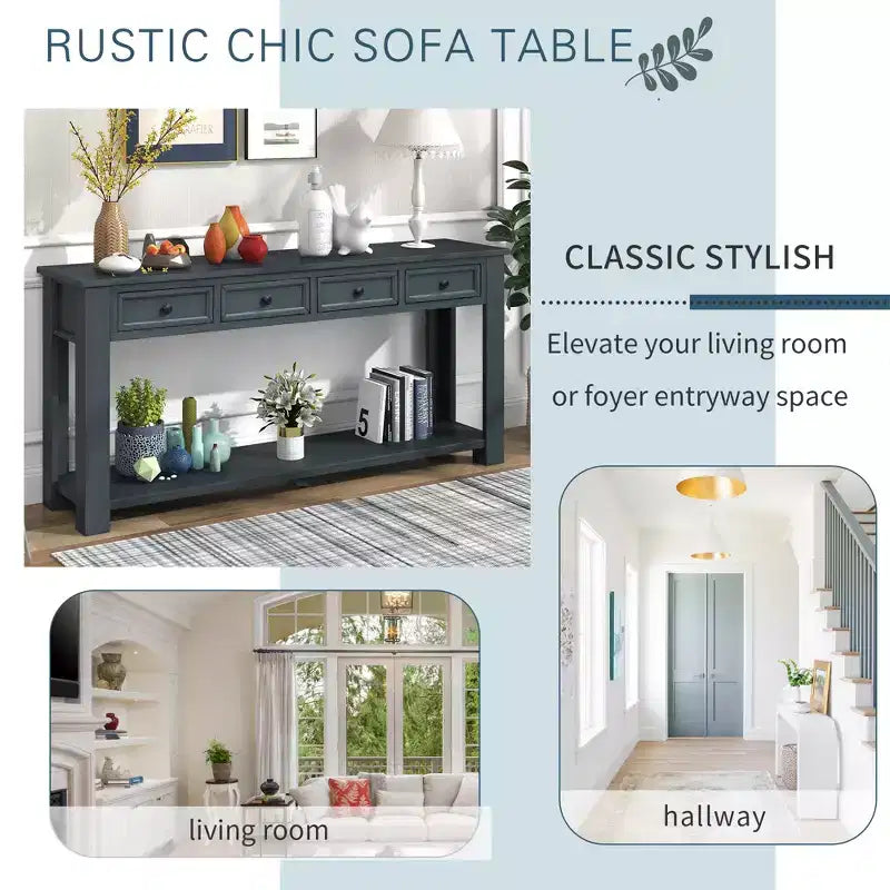 Consolle Rettangolare Rustica in Legno con 4 Cassetti e Ripiano Inferiore