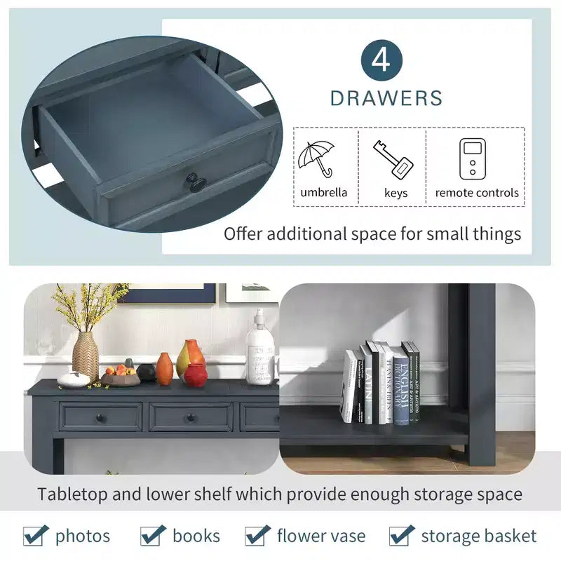 Consolle Rettangolare Rustica in Legno con 4 Cassetti e Ripiano Inferiore