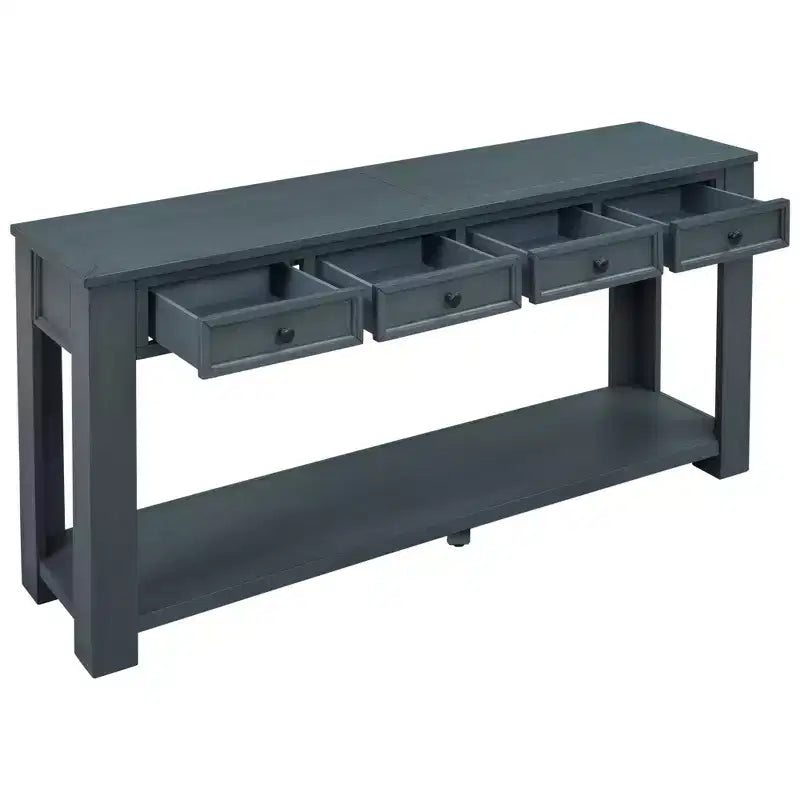 Consolle Rettangolare Rustica in Legno con 4 Cassetti e Ripiano Inferiore