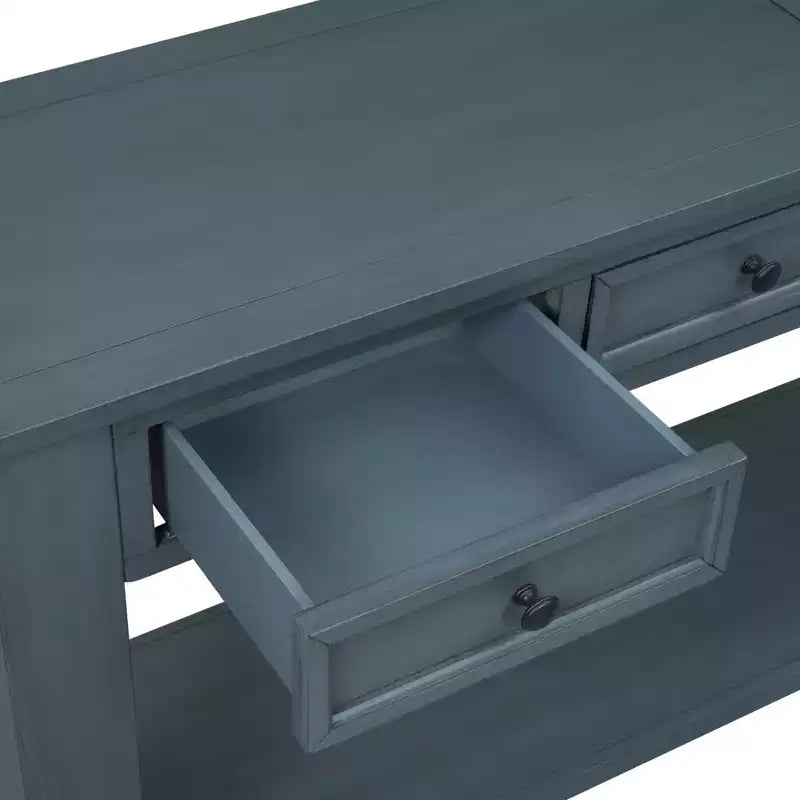 Consolle Rettangolare Rustica in Legno con 4 Cassetti e Ripiano Inferiore