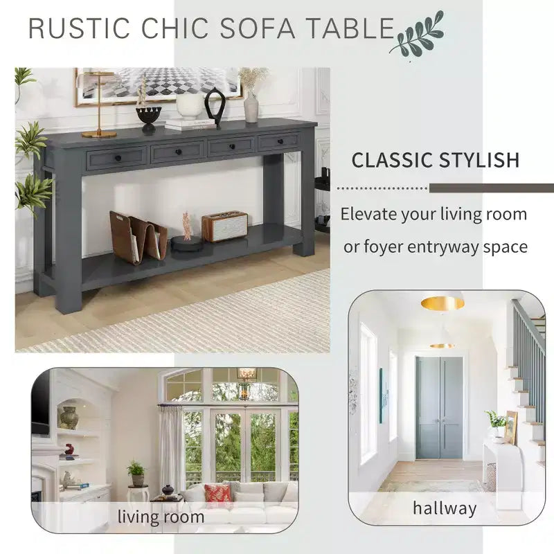 Consolle Rettangolare Rustica in Legno con 4 Cassetti e Ripiano Inferiore
