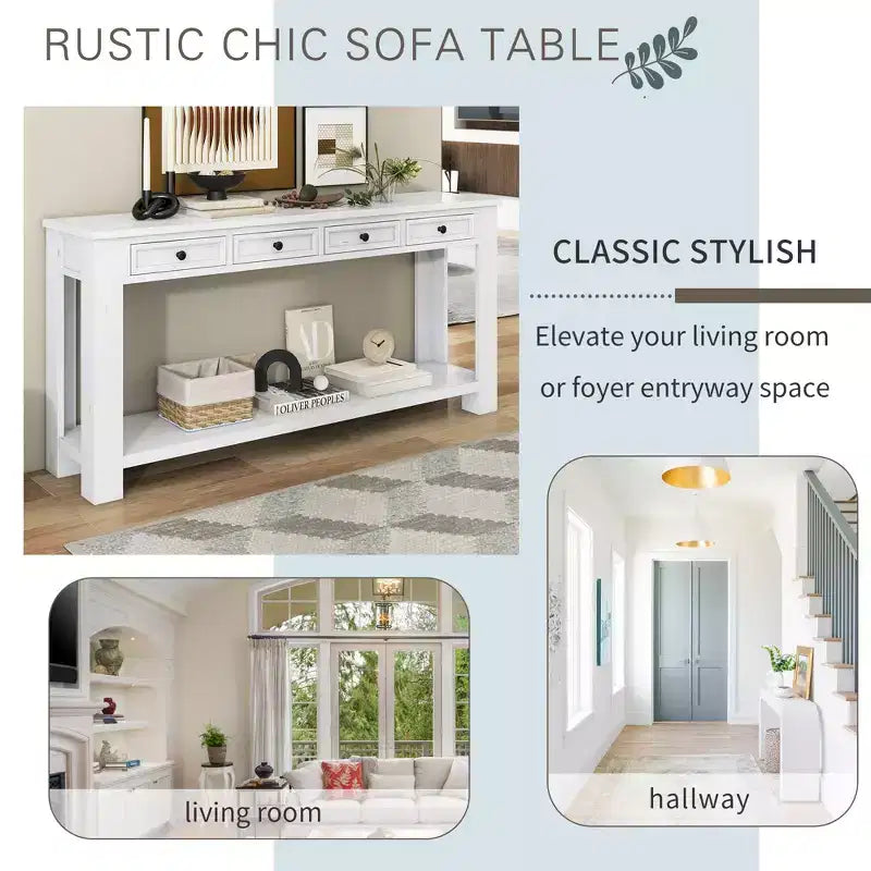 Consolle Rettangolare Rustica in Legno con 4 Cassetti e Ripiano Inferiore