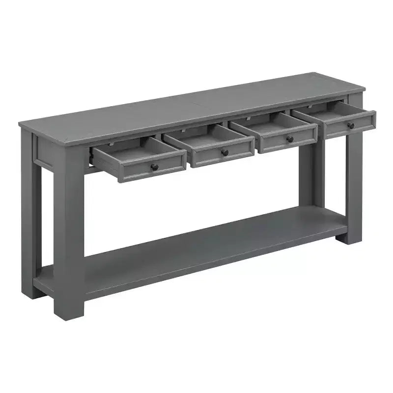 Consolle Rettangolare Rustica in Legno con 4 Cassetti e Ripiano Inferiore