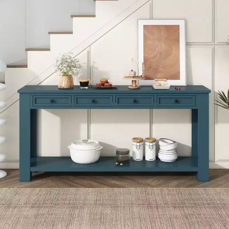 Consolle Rettangolare Rustica in Legno con 4 Cassetti e Ripiano Inferiore