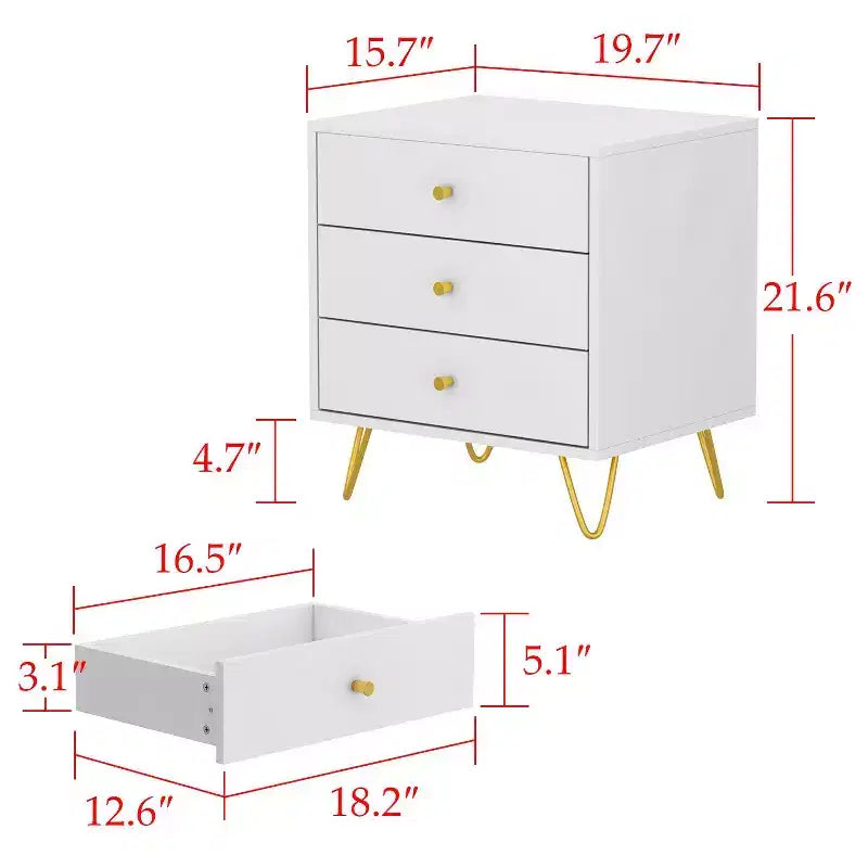 Comodino a 3 cassetti bianco con maniglie dorate