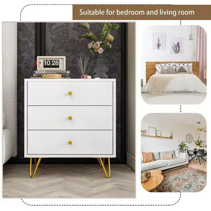 Comodino a 3 cassetti bianco con maniglie dorate