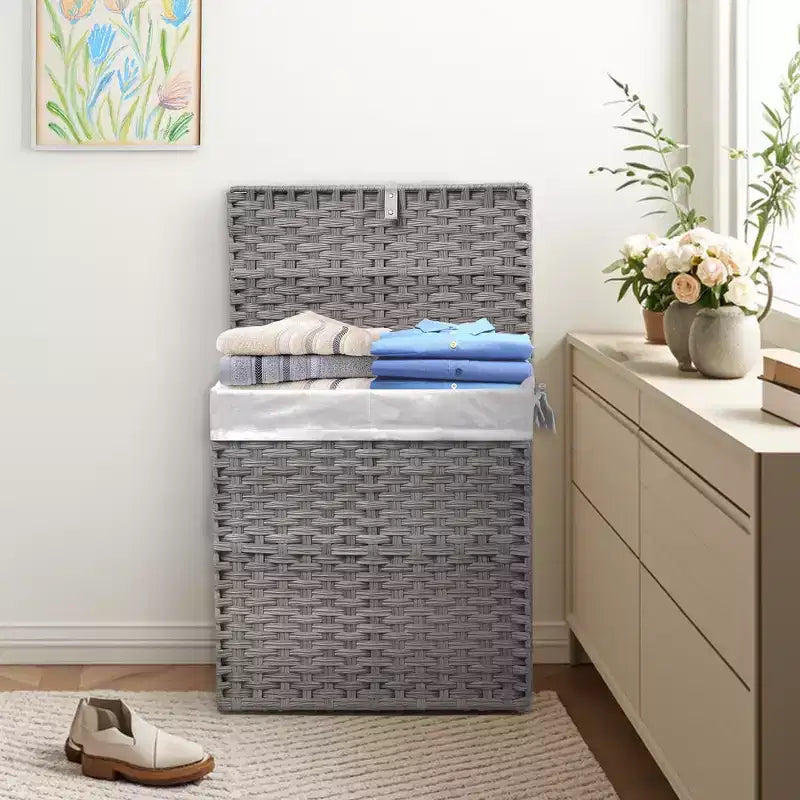JIONJOY 29 gal. Wicker Hamper w/Lid, Foldable Design, Removable Compartment & Washable Liner
