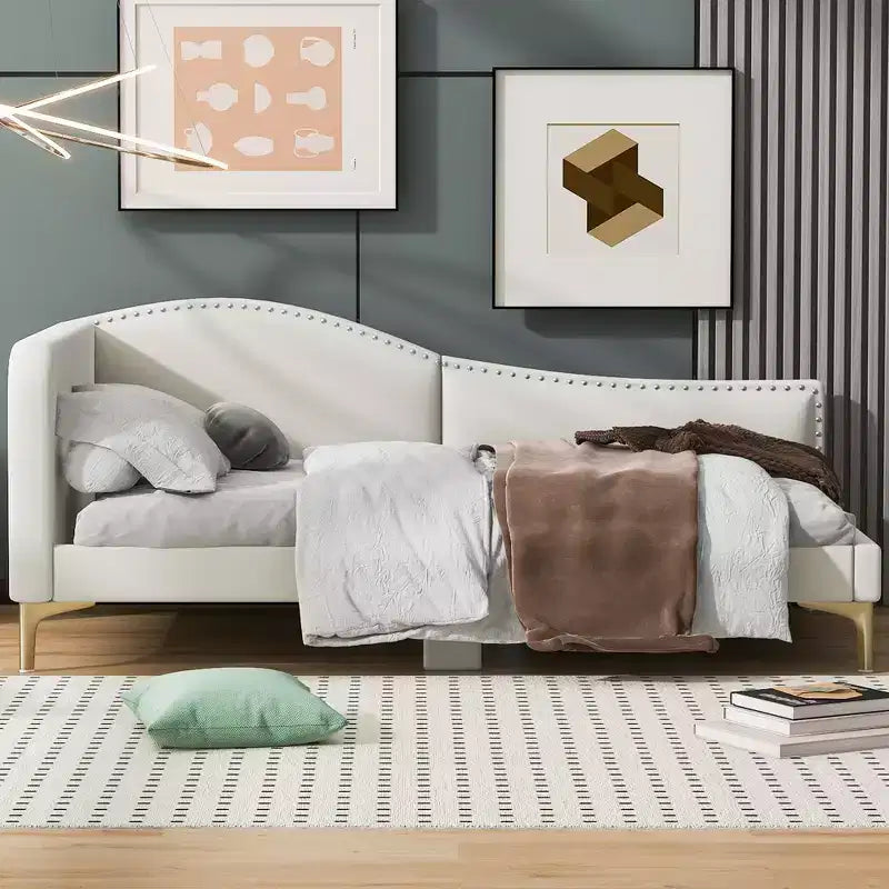 Daybed Imbottito in Lino con Testiera e Bracciolo, Gambe di Supporto, Misure Twin/Full