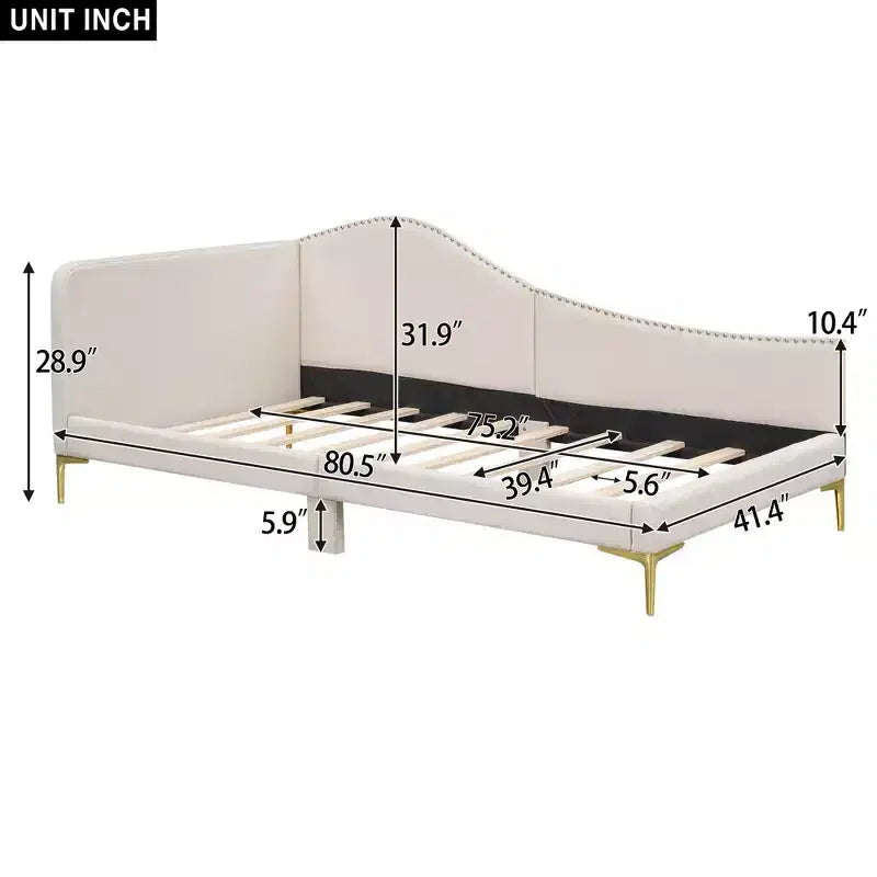 Daybed Imbottito in Lino con Testiera e Bracciolo, Gambe di Supporto, Misure Twin/Full