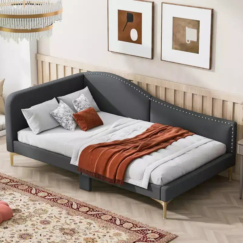 Daybed Imbottito in Lino con Testiera e Bracciolo, Gambe di Supporto, Misure Twin/Full