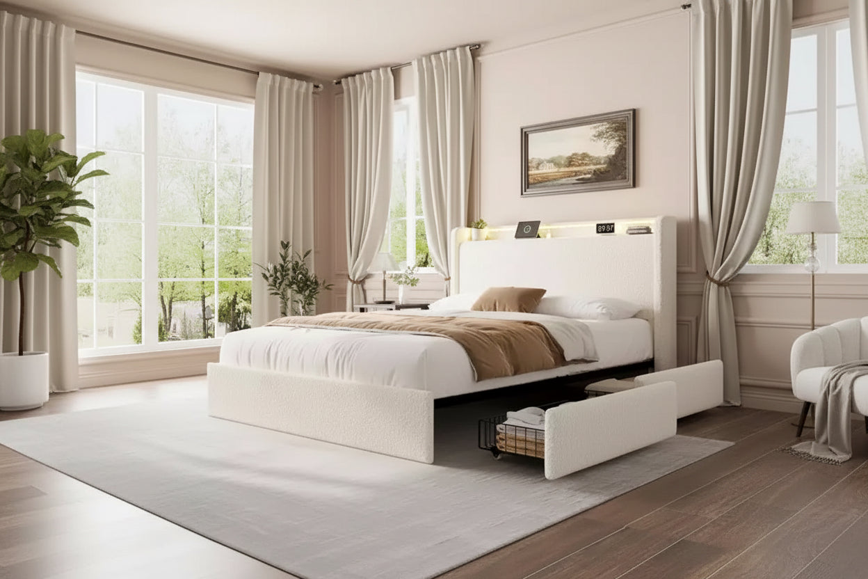 Whizmax Boucle Bed Frame - LED Headboard & Charging Station, 4 Storage Drawers, Platform with Wood Slats, No Box Spring, Cream