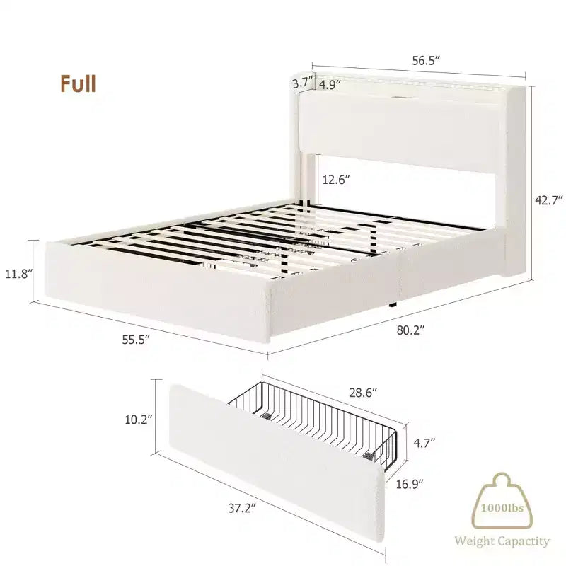 Giroletto Bouclé - Testiera a LED e Stazione di Ricarica, 4 Cassetti Contenitore, Base a Piattaforma con Doghe in Legno, Nessun Box Spring, Crema