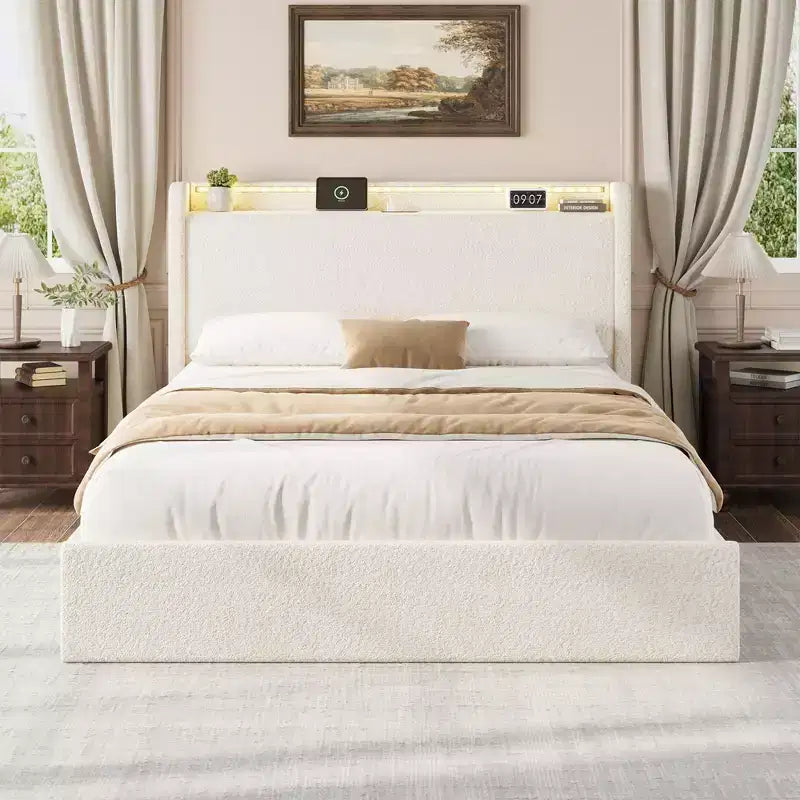 Giroletto Bouclé - Testiera a LED e Stazione di Ricarica, 4 Cassetti Contenitore, Base a Piattaforma con Doghe in Legno, Nessun Box Spring, Crema